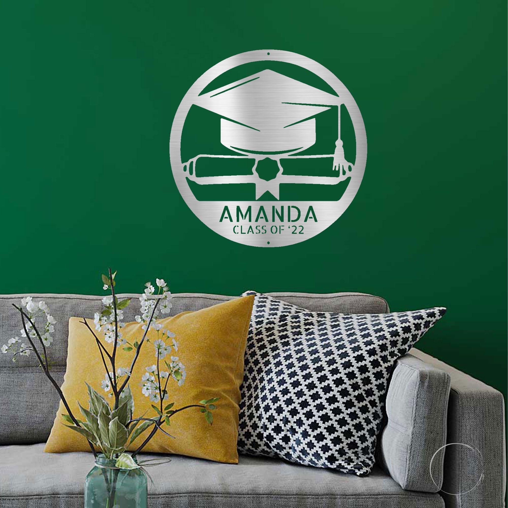 Graduation Cap and Diploma Custom Name Metal Art Wall Sign - Mallard Moon Gift Shop