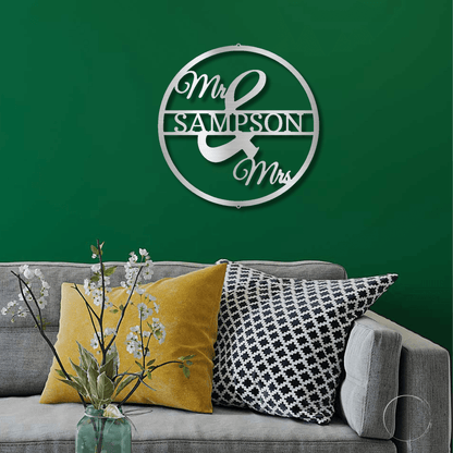 Mr and Mrs Circle Custom Name Steel Wall Sign - Mallard Moon Gift Shop
