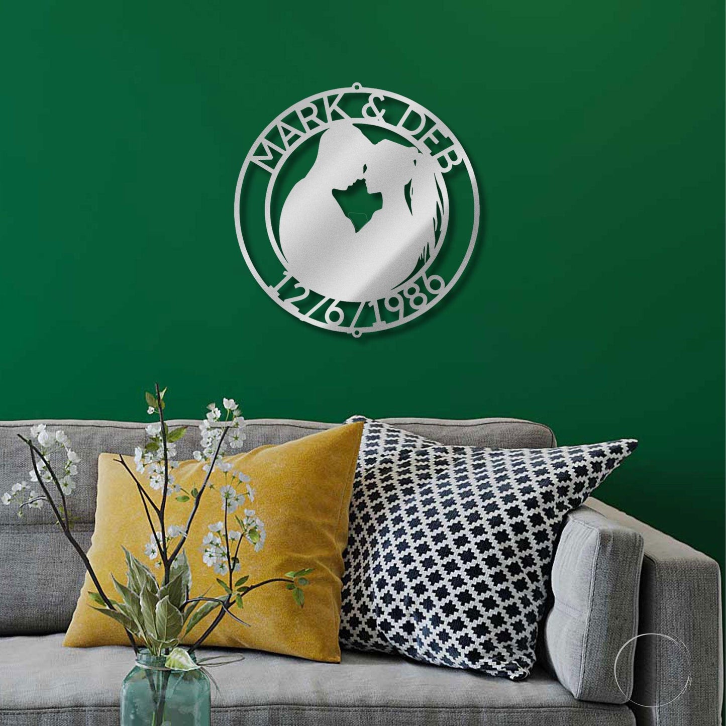 Couple Silhouette Sweetheart Custom Monogram Name Metal Wall Art - Mallard Moon Gift Shop