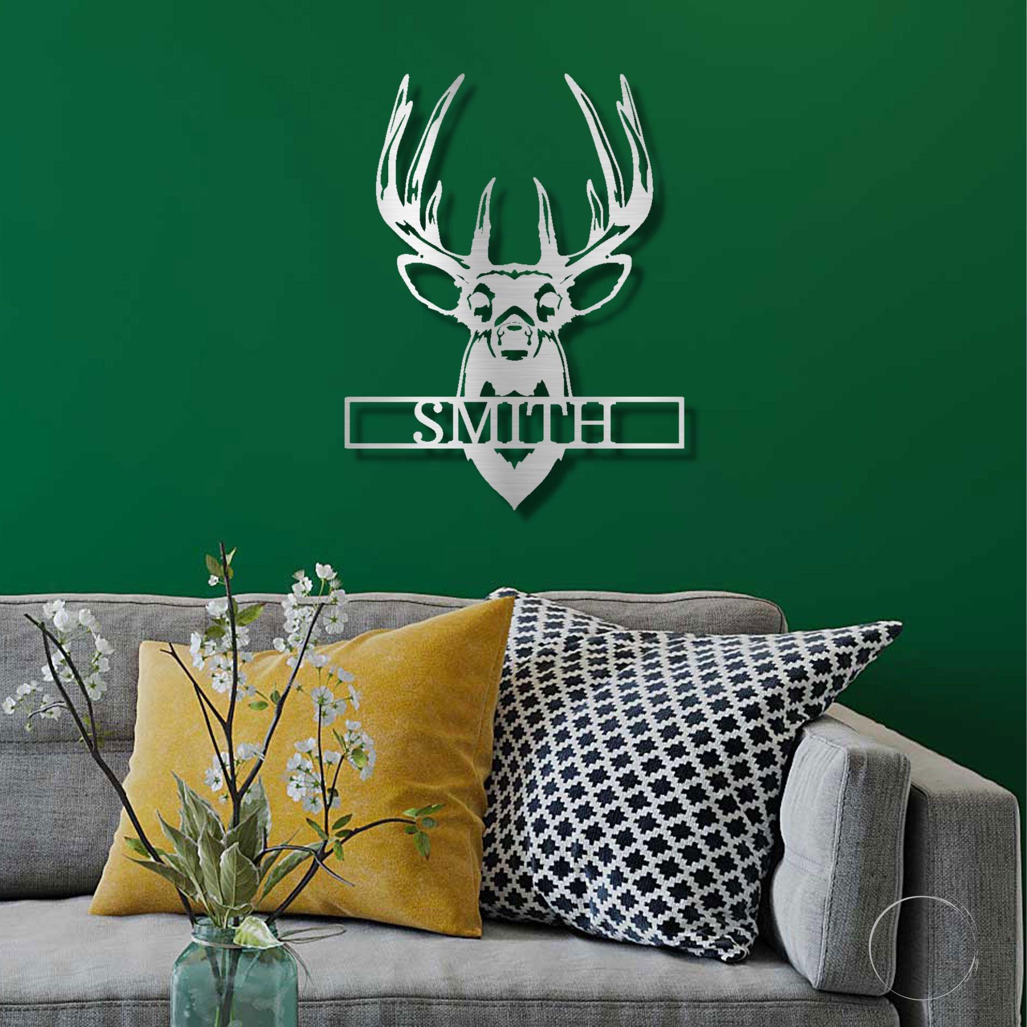 Deer Buck Head Mount Monogram Personalized Name Metal Art Wall Sign - Mallard Moon Gift Shop