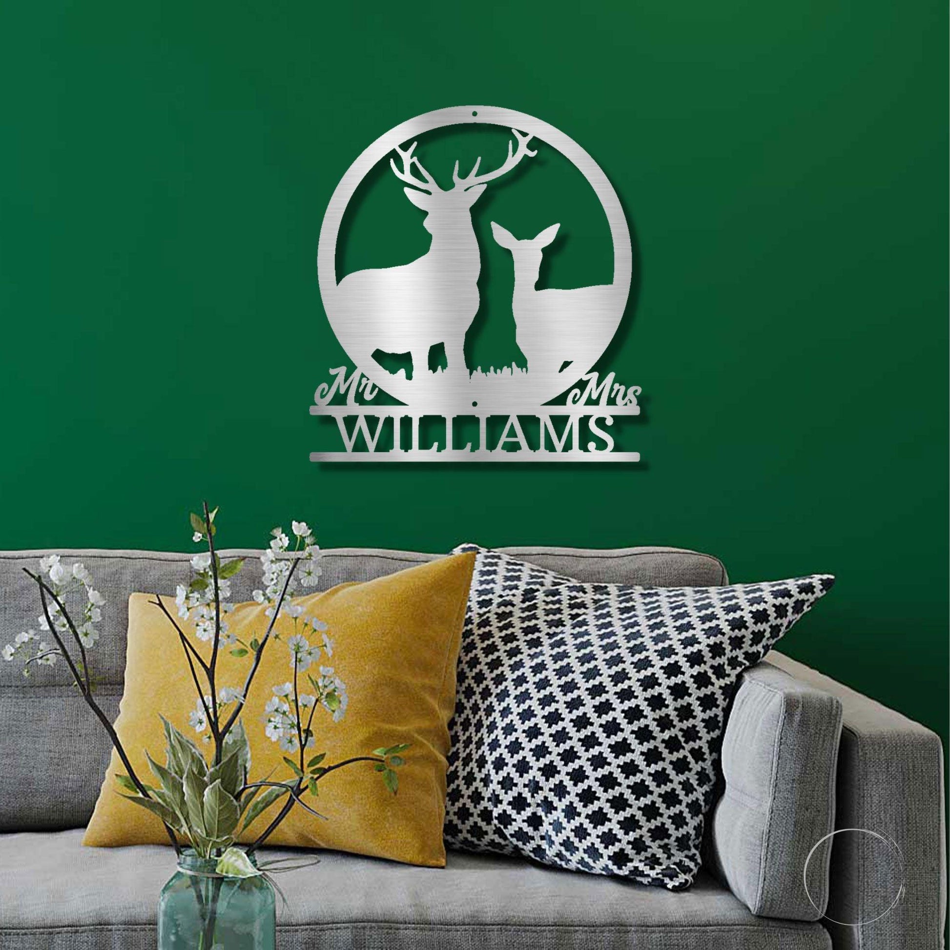 Deer Stag and Doe Mr and Mrs Custom Name Metal Art Wall Sign - Mallard Moon Gift Shop