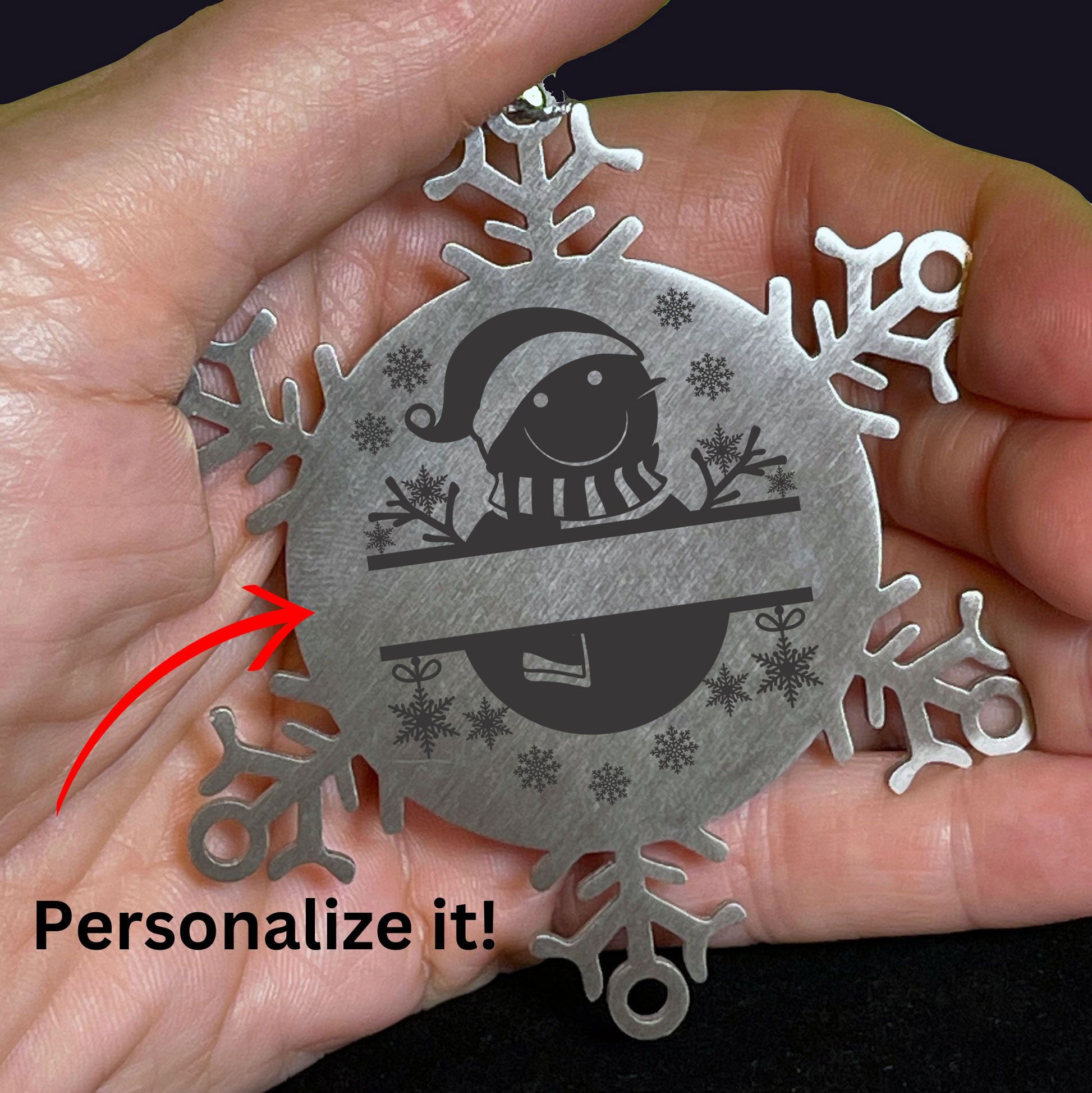 Personalized Snowman Snowflake Tree Ornament Family Name Laser Engraved Stainless Steel - Mallard Moon