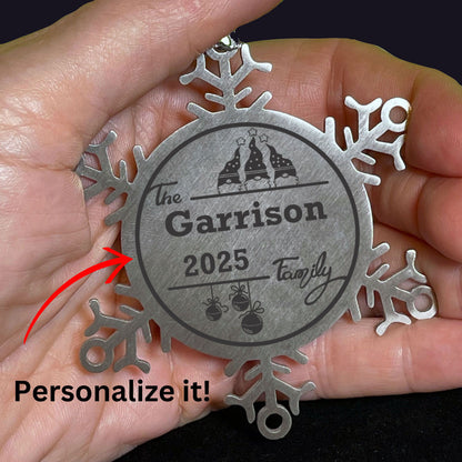 Personalized 3 Gnome Family Snowflake Ornament – Custom Stainless Steel Christmas Keepsake with Gift Bag – Engraved Names & Dates Holiday Decor for Family, Friends, Couples - Mallard Moon