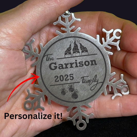 Personalized 3 Gnome Family Snowflake Ornament – Custom Stainless Steel Christmas Keepsake with Gift Bag – Engraved Names & Dates Holiday Decor for Family, Friends, Couples - Mallard Moon