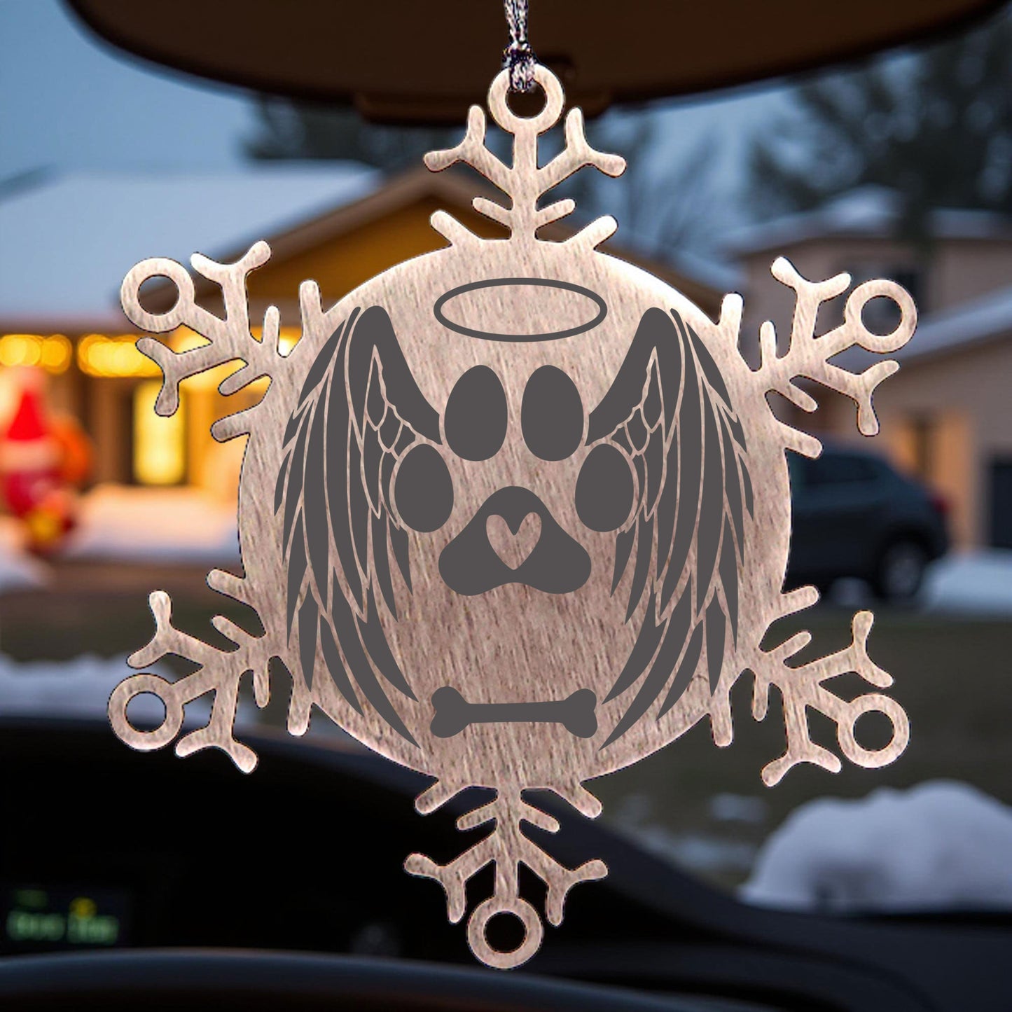 Personalized Pet Name Angel Remembrance Laser Engraved Stainless Steel Snowflake Tree Ornament - Mallard Moon