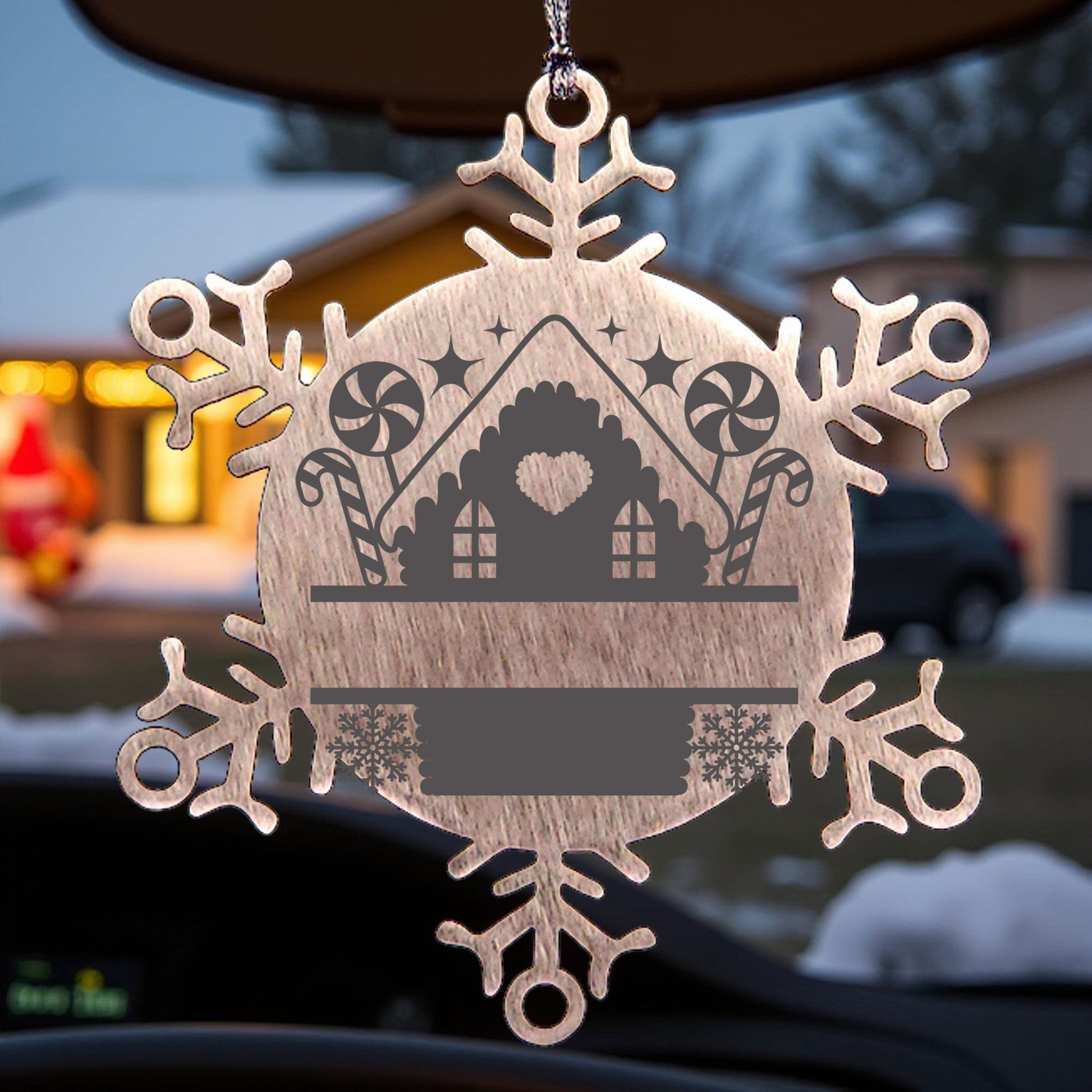 Personalized Snowflake Tree Ornament Family Name Laser Engraved Stainless Steel Gingerbread House - Mallard Moon