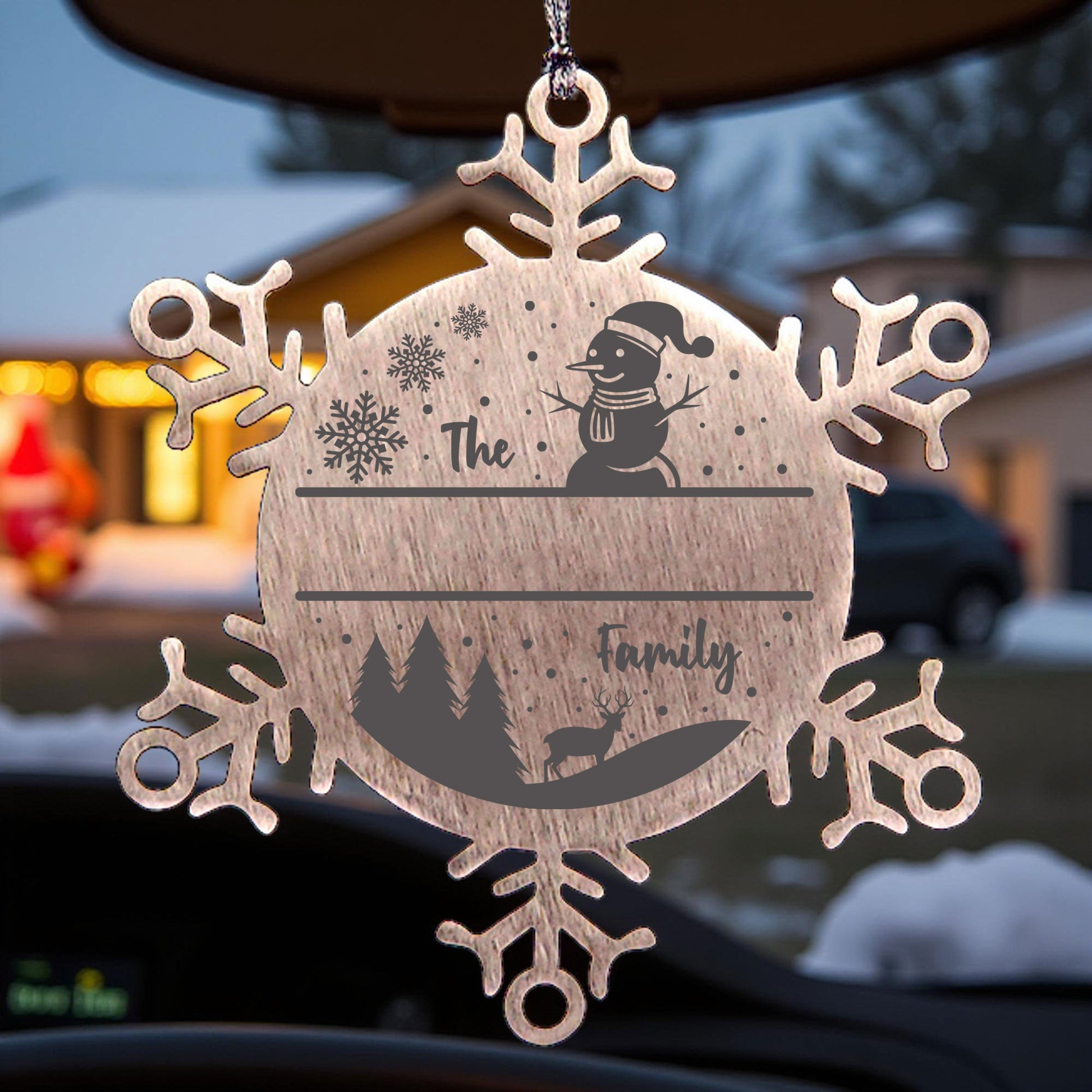 Personalized Snowman Snowflake Christmas Tree Ornament Family Name Laser Engraved Stainless Steel - Mallard Moon