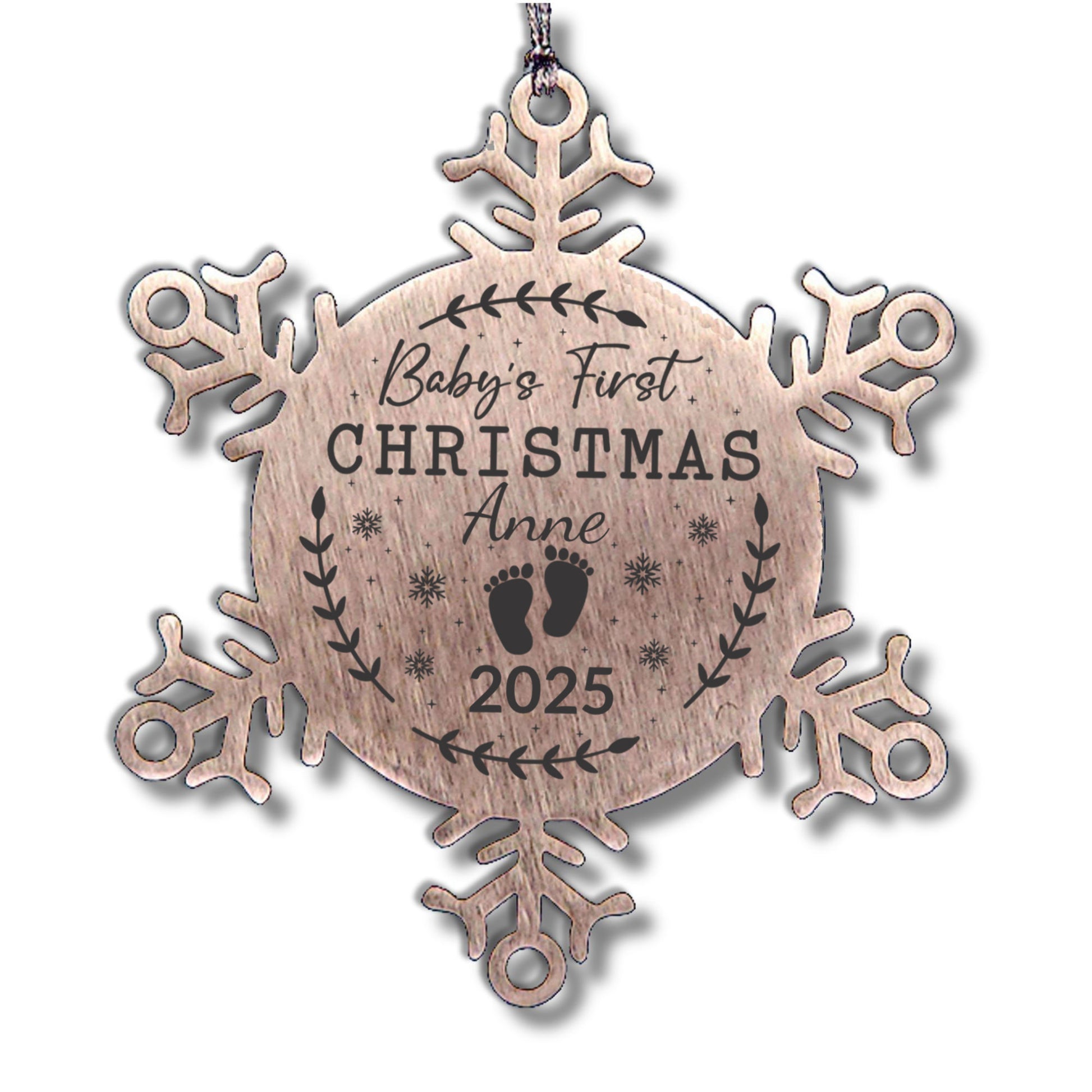 Baby's First Christmas Personalized Laser Engraved Stainless Steel Snowflake Christmas Tree Ornament - Mallard Moon