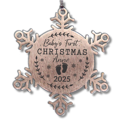 Baby's First Christmas Personalized Laser Engraved Stainless Steel Snowflake Christmas Tree Ornament - Mallard Moon