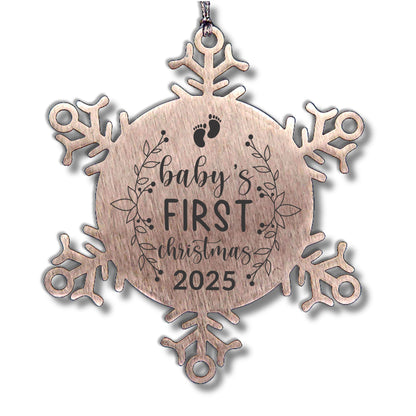 Baby's First Christmas Laser Etched Stainless Steel Snowflake Christmas Tree Ornament - Mallard Moon
