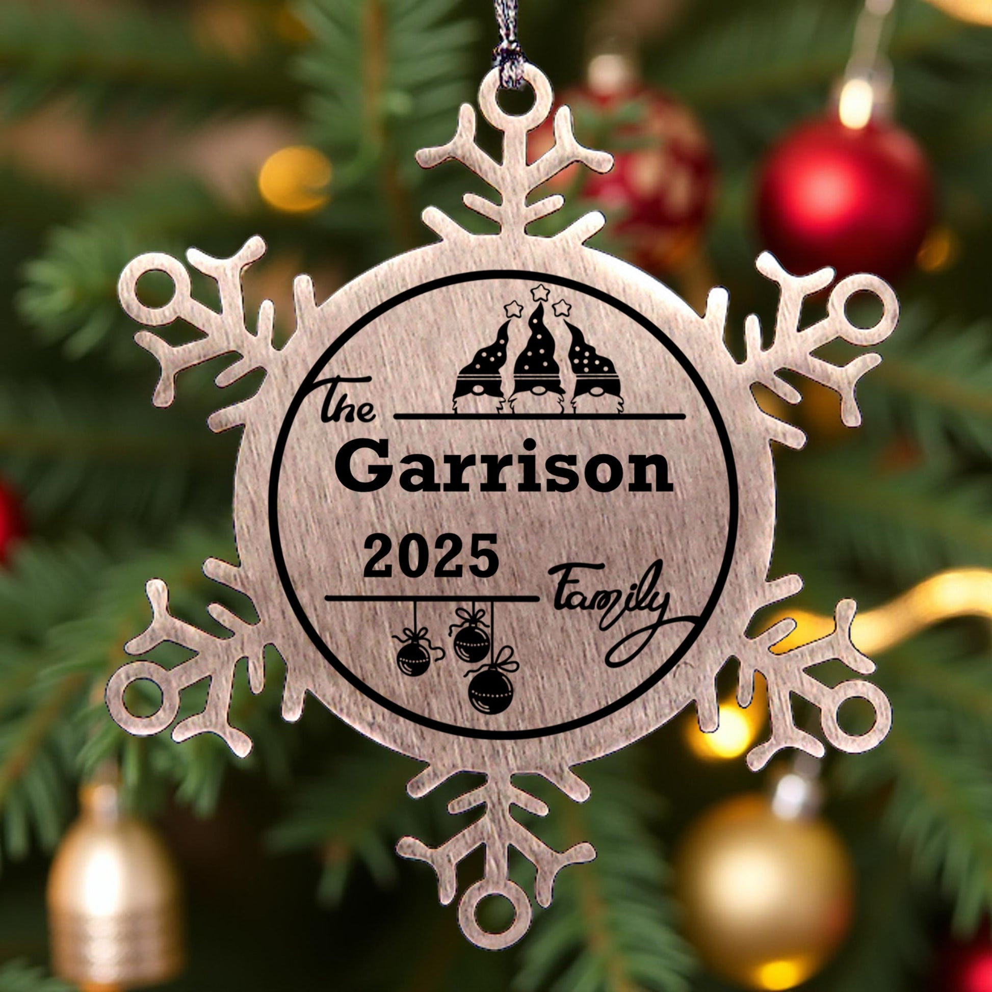 Personalized 3 Gnome Family Snowflake Ornament – Custom Stainless Steel Christmas Keepsake with Gift Bag – Engraved Names & Dates Holiday Decor for Family, Friends, Couples - Mallard Moon