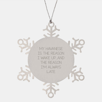 Havanese Dog Lovers Funny Christmas Unique Gifts from Friends, Family, or Coworkers - 'My Havanese Is The Reason I Wake Up...and The Reason I'm Always Late' Snowflake Ornament - Image 1