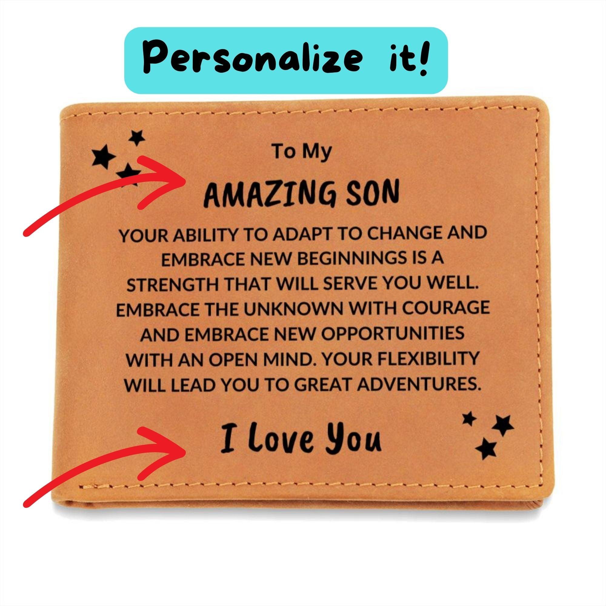 Son Birthday Graduation - Great Adventures - Custom Leather Wallet - Mallard Moon Gift Shop