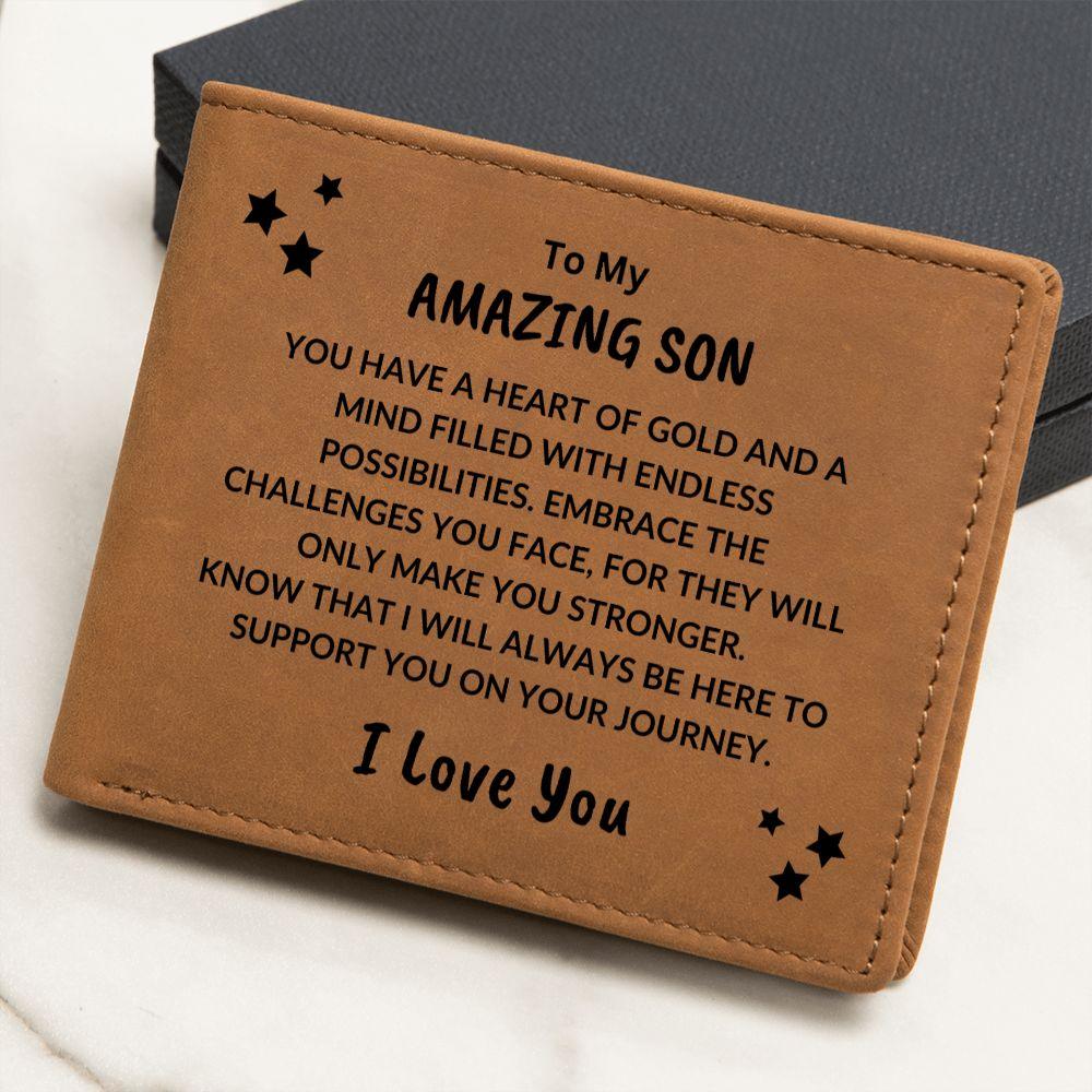 Son Birthday Graduation - I Will Always Be Here - Custom Leather Wallet - Mallard Moon Gift Shop