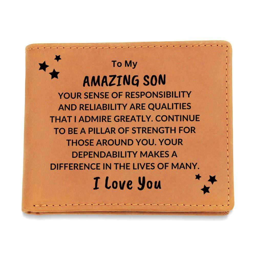 Son Birthday Graduation - Pillar of Strength - Custom Leather Wallet - Mallard Moon Gift Shop