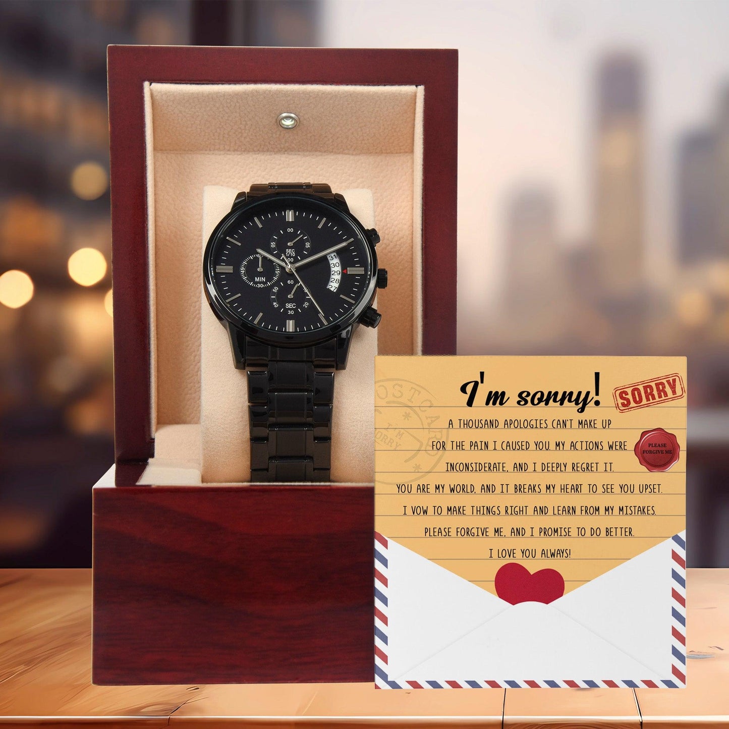 Apology Gift for Him-Sorry, Breaks My Heart-Black Chronograph Watch - Mallard Moon Gift Shop