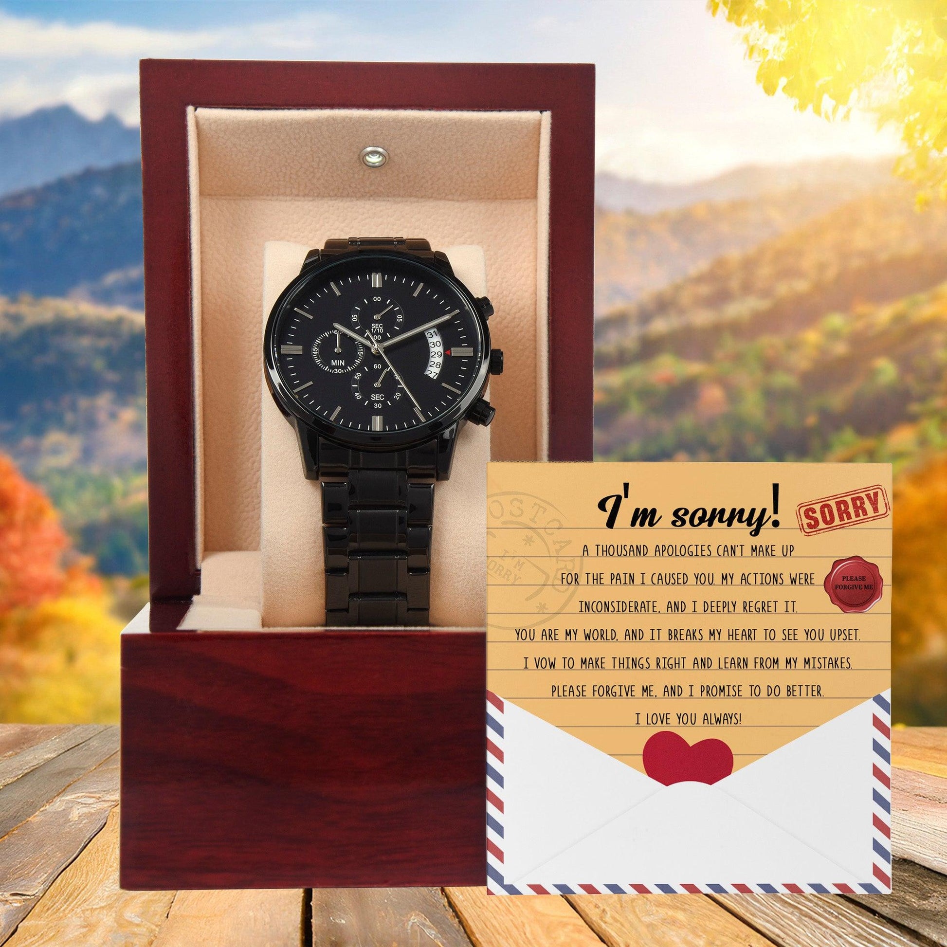 Apology Gift for Him-Sorry, Breaks My Heart-Black Chronograph Watch - Mallard Moon Gift Shop