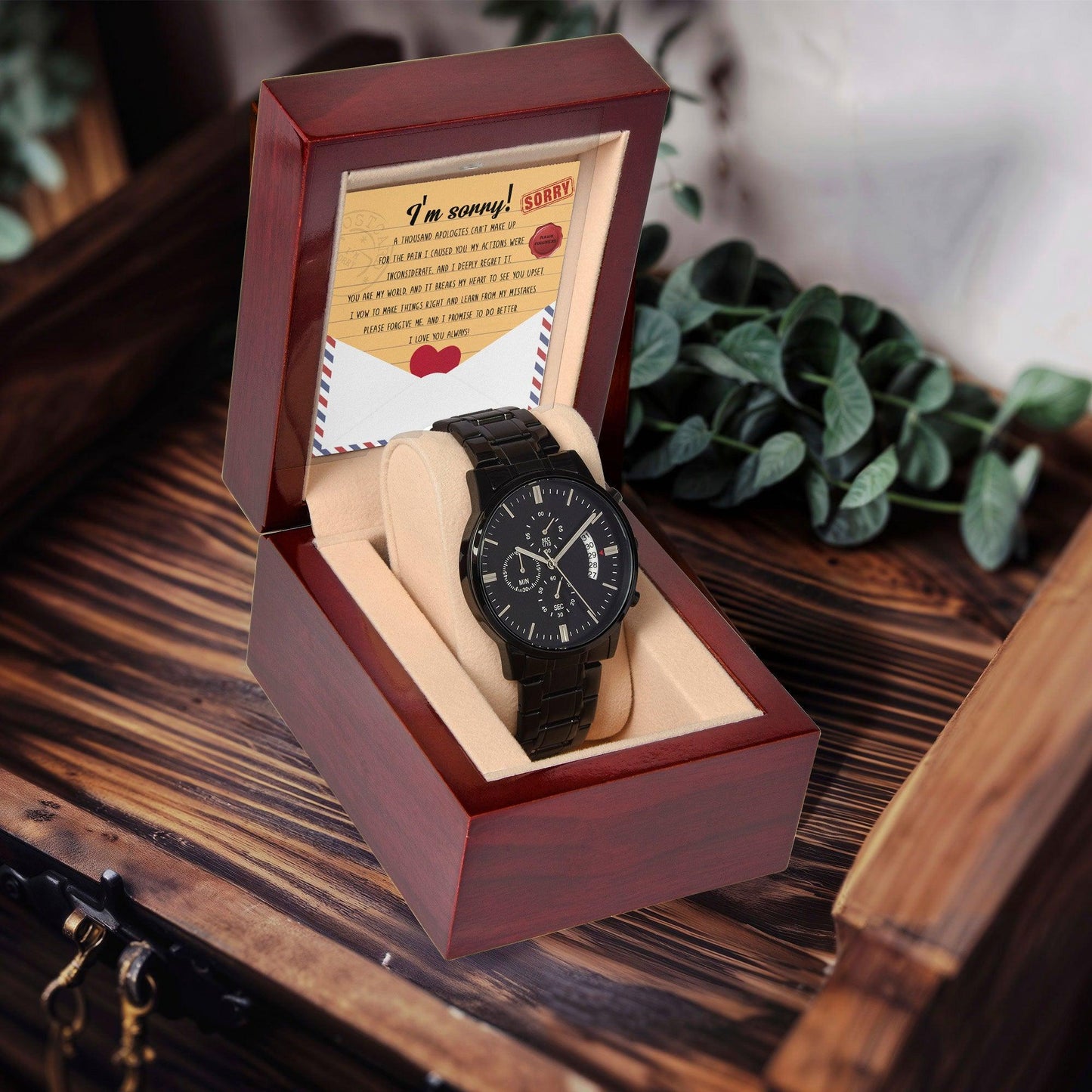 Apology Gift for Him-Sorry, Breaks My Heart-Black Chronograph Watch - Mallard Moon Gift Shop