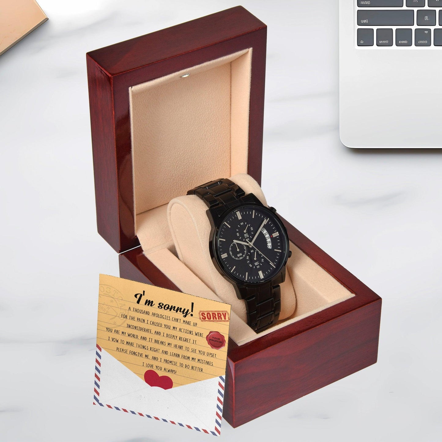 Apology Gift for Him-Sorry, Breaks My Heart-Black Chronograph Watch - Mallard Moon Gift Shop