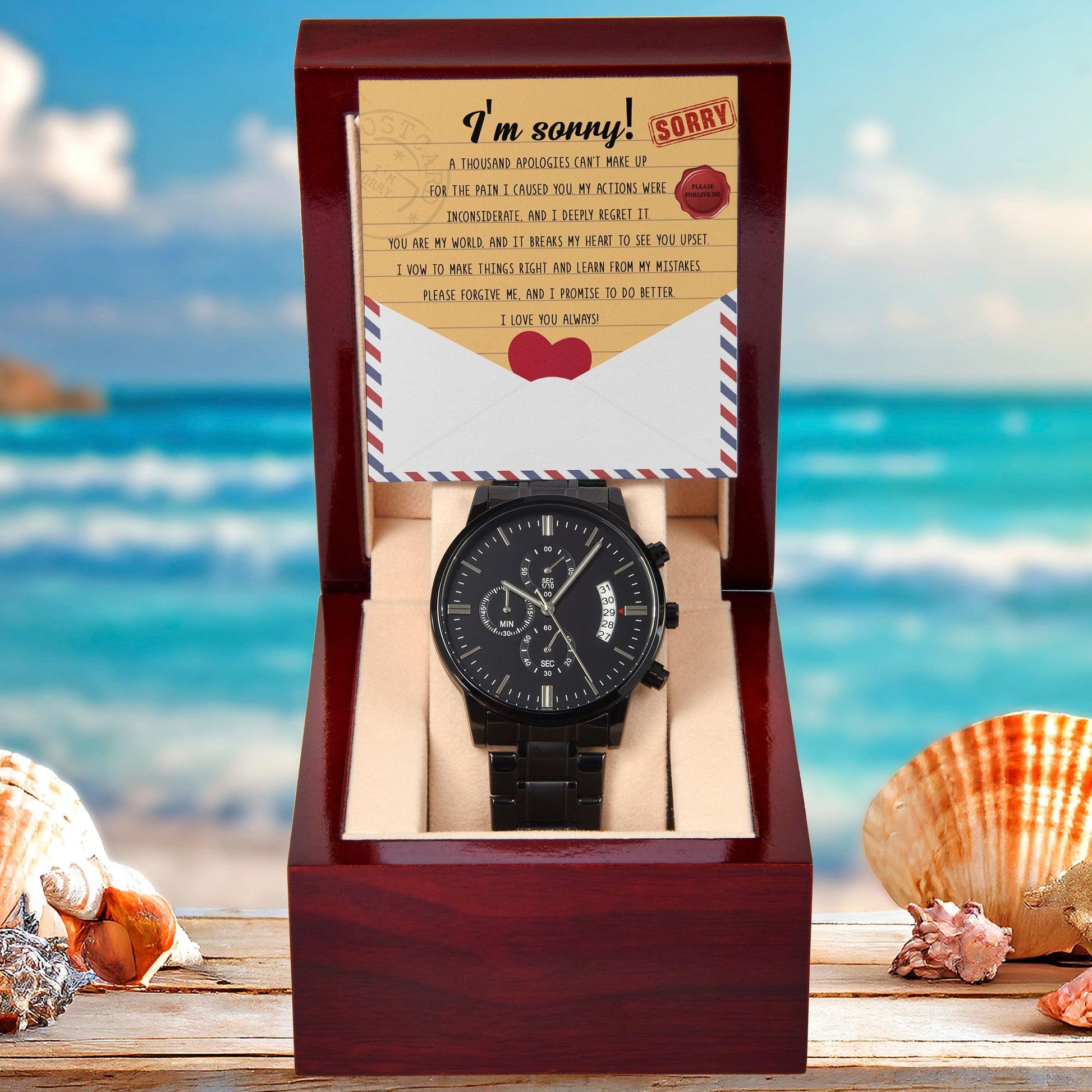 Apology Gift for Him-Sorry, Breaks My Heart-Black Chronograph Watch - Mallard Moon Gift Shop