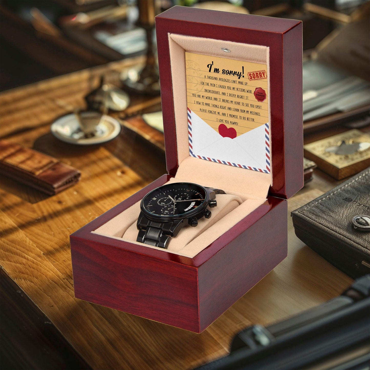 Apology Gift for Him-Sorry, Breaks My Heart-Black Chronograph Watch - Mallard Moon Gift Shop