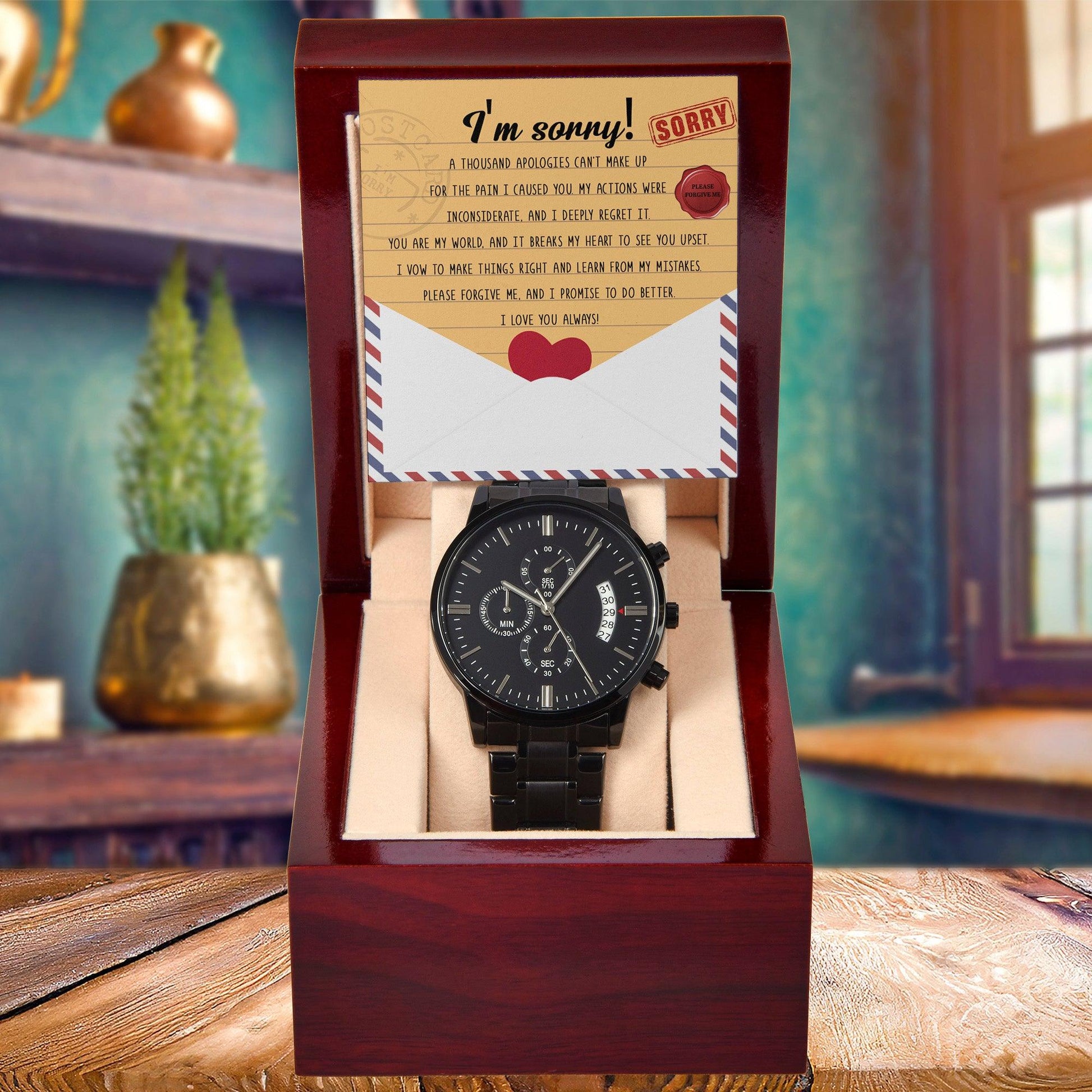 Apology Gift for Him-Sorry, Breaks My Heart-Black Chronograph Watch - Mallard Moon Gift Shop