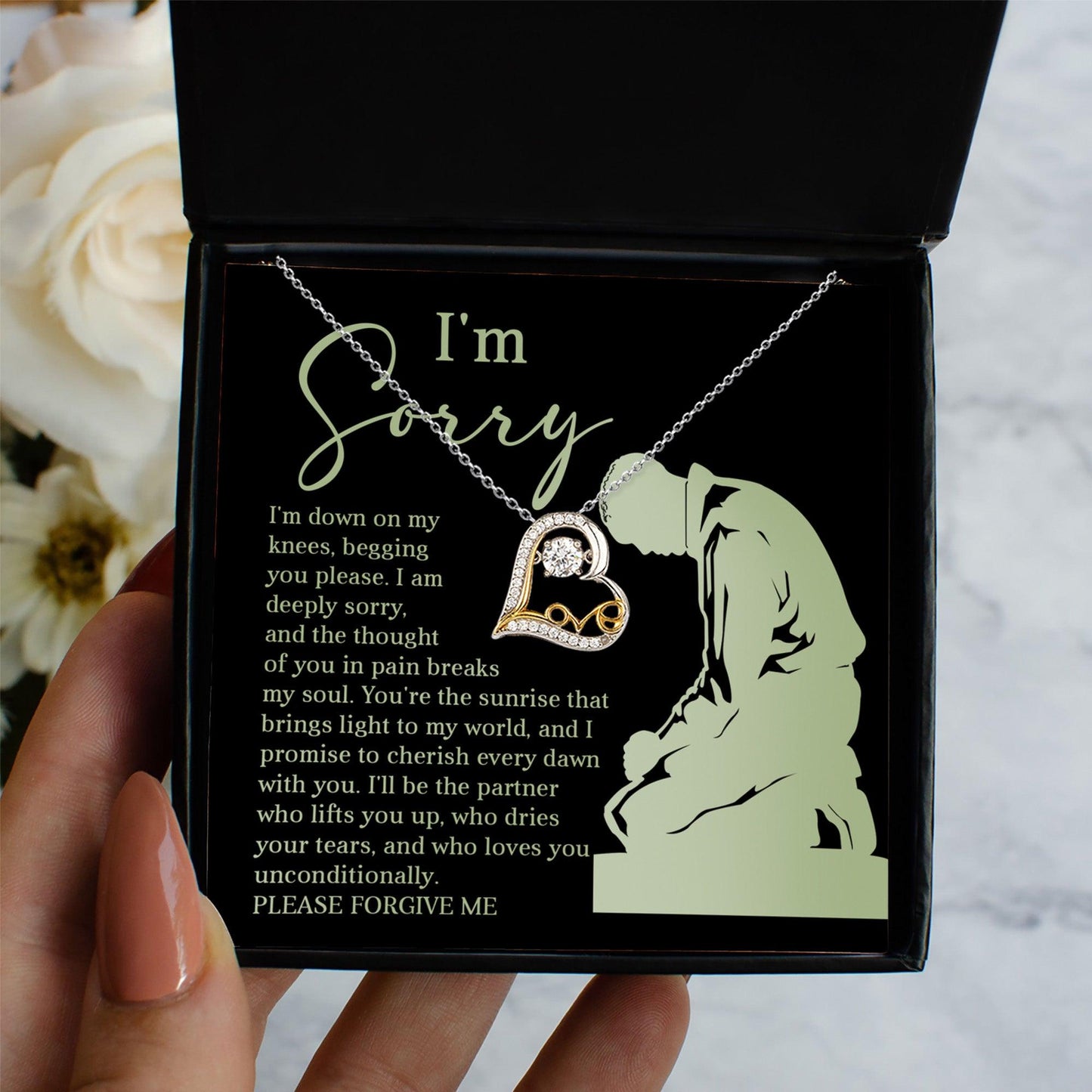 Apology Gift for Girlfriend, Wife, Soulmate - Sorry, On My Knees - Love Dancing Heart Pendant Necklace - Mallard Moon Gift Shop