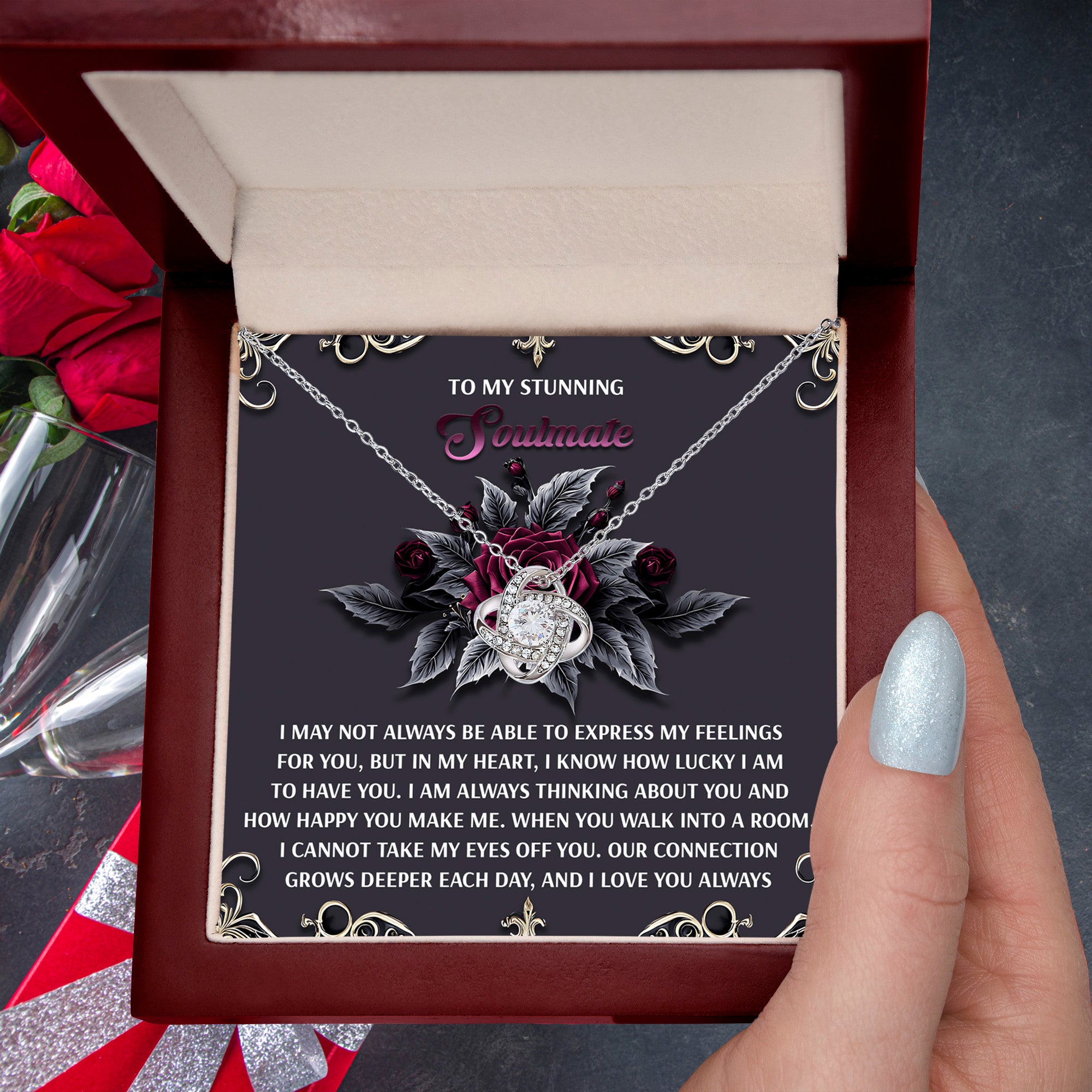 Romantic Gift for Wife or Girlfriend - Stunning Love Knot Pendant Necklace with Soulmate Message - I Am Lucky - Mallard Moon Gift Shop