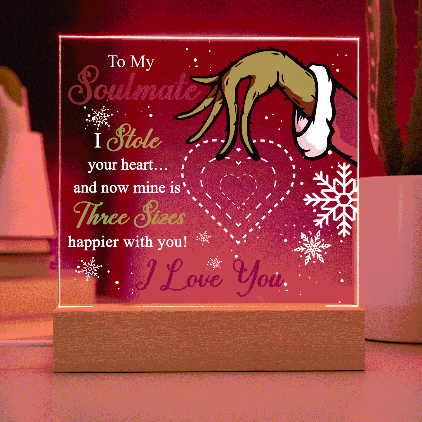 Soulmate Gift - Stole My Heart - Christmas Acrylic Plaque with Lighted LED Wooden Base - Mallard Moon