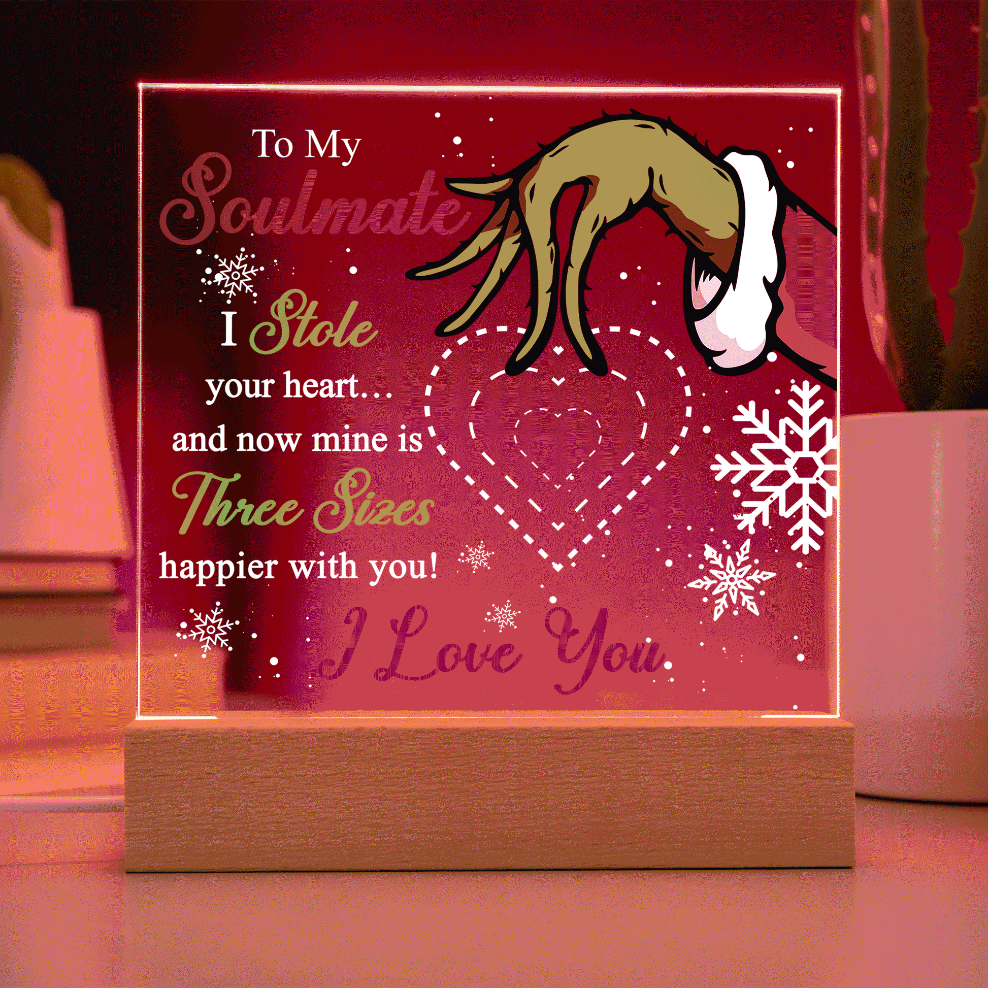 Soulmate Gift - Stole My Heart - Christmas Acrylic Plaque with Lighted LED Wooden Base - Mallard Moon