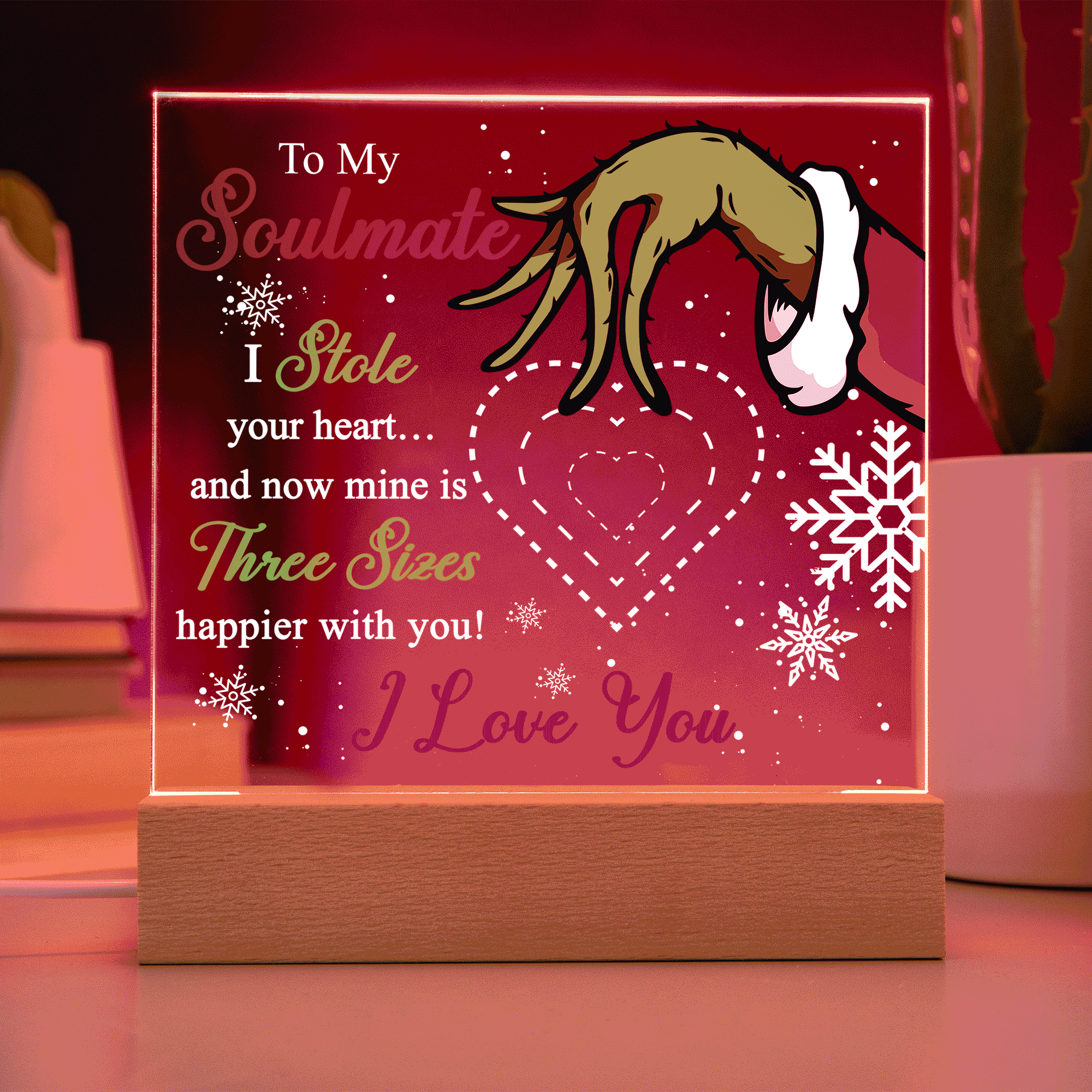 Soulmate Gift - Stole My Heart - Christmas Acrylic Plaque with Lighted LED Wooden Base - Mallard Moon