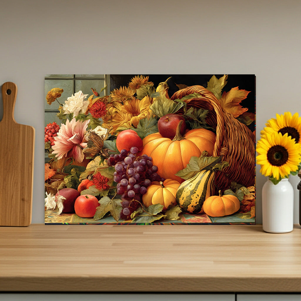 Autumn Harvest Glass Cutting Board — Cornucopia Pumpkins & Fall Fruit Kitchen Decor
