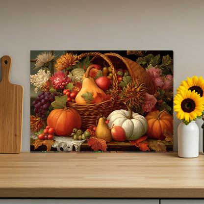 Autumn Harvest Glass Cutting Board — Thanksgiving Cornucopia Kitchen Decor