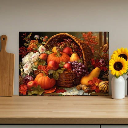 Autumn Harvest Glass Cutting Board — Pumpkin & Fruit Still Life Kitchen Décor