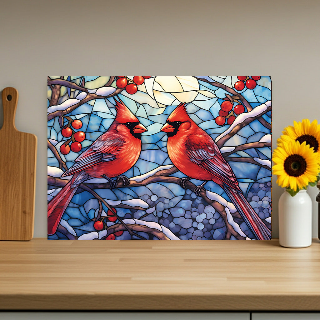 Cardinal Stained-Glass Glass Cutting Board — Decorative Holiday Kitchen Trivet