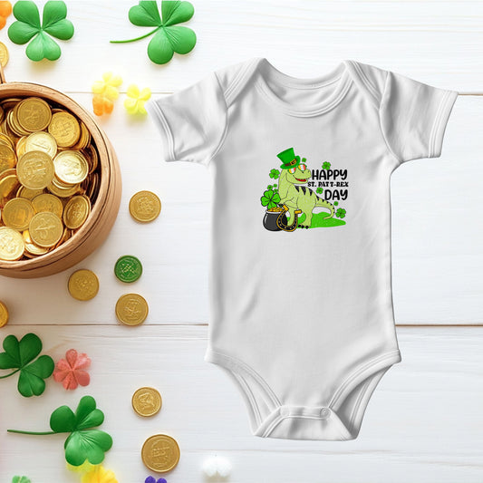 Baby St. Patrick's Day Bodysuit – Cute T-Rex Dinosaur – Lucky Irish Holiday Outfit – Soft Cotton Short Sleeve Infant Romper - Mallard Moon Gift Shop