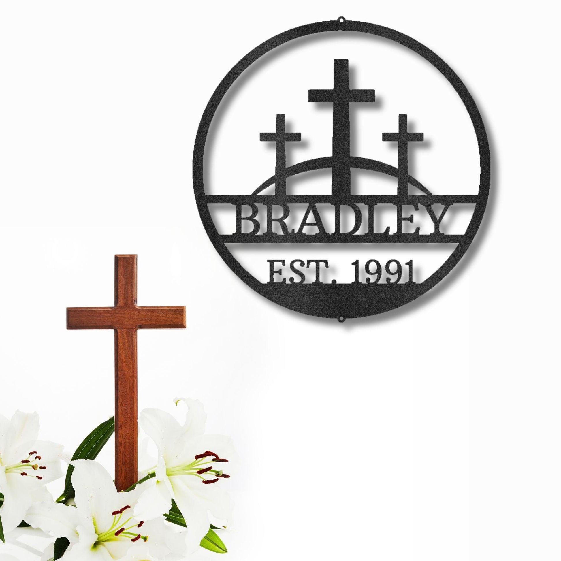 Three Crosses Monogram Custom Name Metal Wall Art Spiritual Decor - Mallard Moon Gift Shop