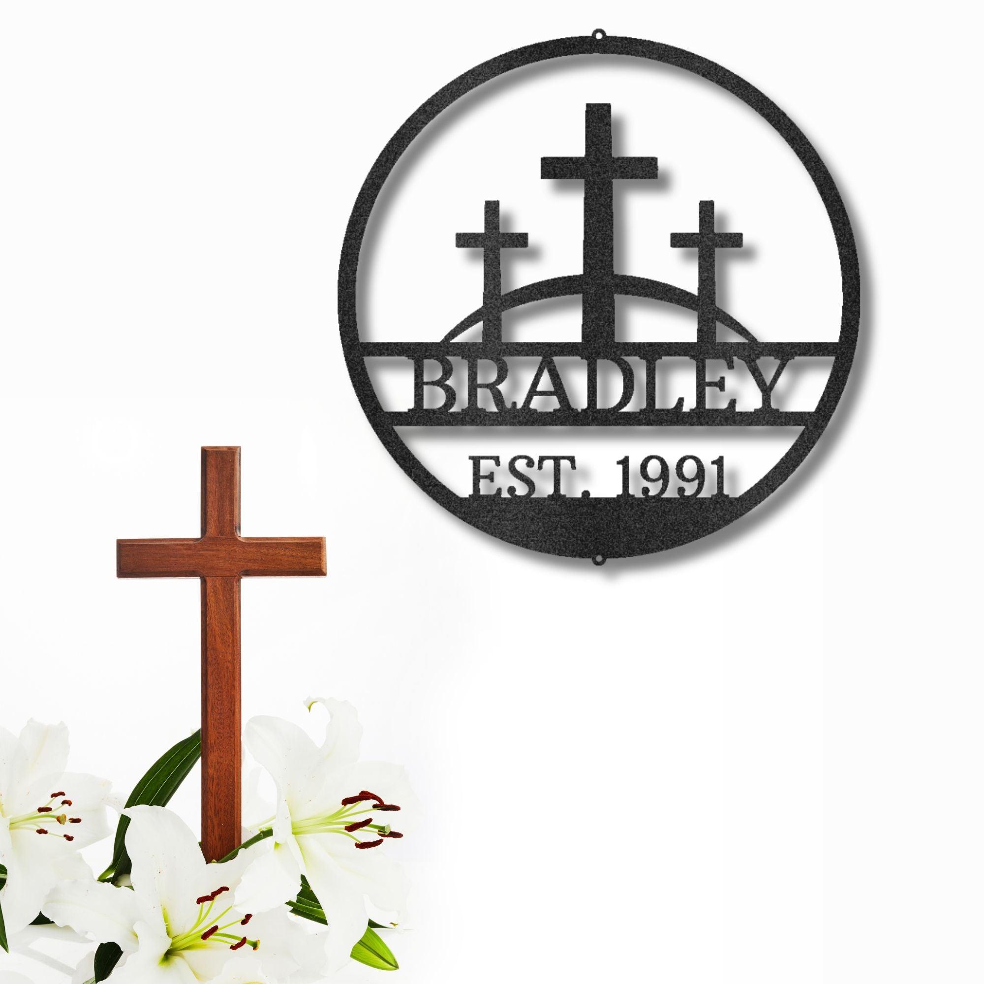 Three Crosses Monogram Custom Name Metal Wall Art Spiritual Decor - Mallard Moon Gift Shop