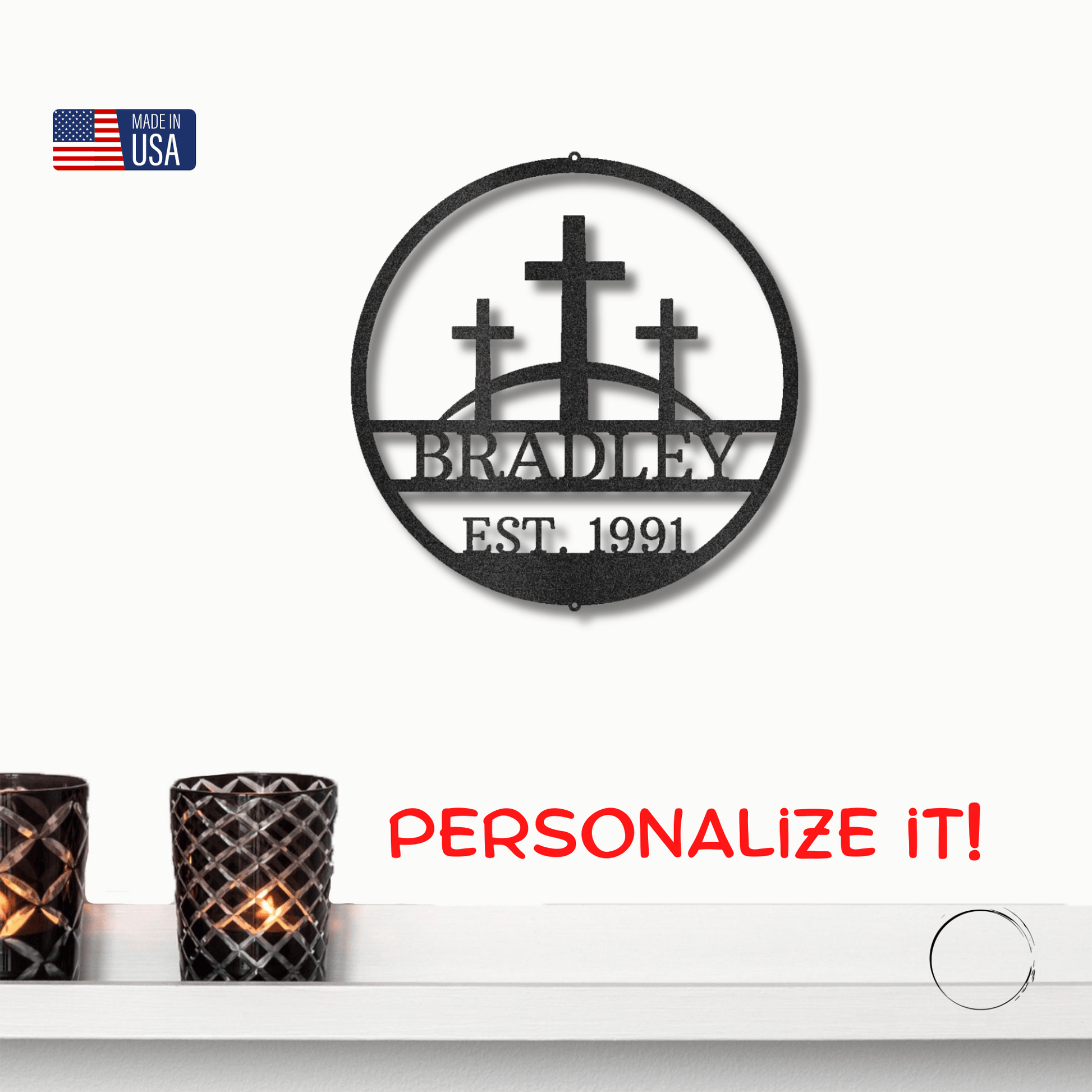 Three Crosses Monogram Custom Name Metal Wall Art Spiritual Decor - Mallard Moon Gift Shop