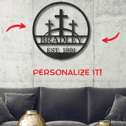 Three Crosses Monogram Custom Name Metal Wall Art Spiritual Decor - Mallard Moon Gift Shop