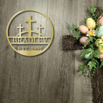 Three Crosses Monogram Custom Name Metal Wall Art Spiritual Decor - Mallard Moon Gift Shop