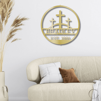 Three Crosses Monogram Custom Name Metal Wall Art Spiritual Decor - Mallard Moon Gift Shop
