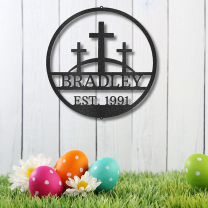 Three Crosses Monogram Custom Name Metal Wall Art Spiritual Decor - Mallard Moon Gift Shop