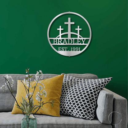 Three Crosses Monogram Custom Name Metal Wall Art Spiritual Decor - Mallard Moon Gift Shop