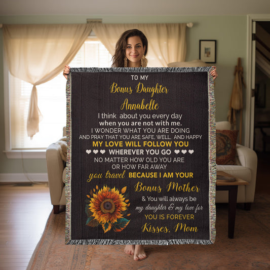 To My Bonus Daughter My Love Will Follow You Personalized Heirloom Woven Blanket - Mallard Moon Gift Shop