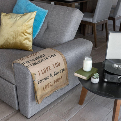 To My Bonus Son, Whisper Back, I am the Storm Heirloom Keepsake Woven Blanket - Mallard Moon Gift Shop