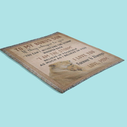 To My Bonus Son, Whisper Back, I am the Storm Heirloom Keepsake Woven Blanket - Mallard Moon Gift Shop