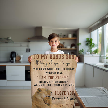 To My Bonus Son, Whisper Back, I am the Storm Heirloom Keepsake Woven Blanket - Mallard Moon Gift Shop