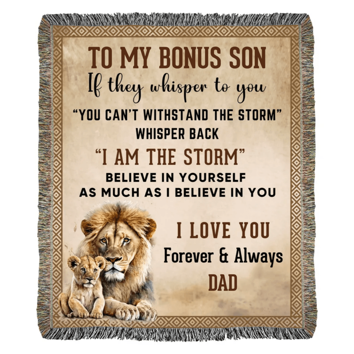 To My Bonus Son, Whisper Back, I am the Storm Heirloom Keepsake Woven Blanket - Mallard Moon Gift Shop