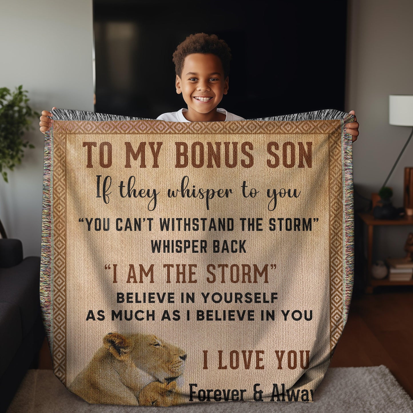 To My Bonus Son, Whisper Back, I am the Storm Heirloom Keepsake Woven Blanket - Mallard Moon Gift Shop